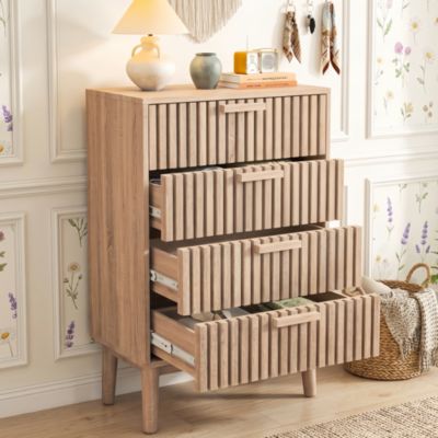 Commode 60cm avec 4 tiroirs, Commode Chambre en rotin, poignées en bois et pieds, Meuble Tiroir Rangement, Scandinave, Naturel