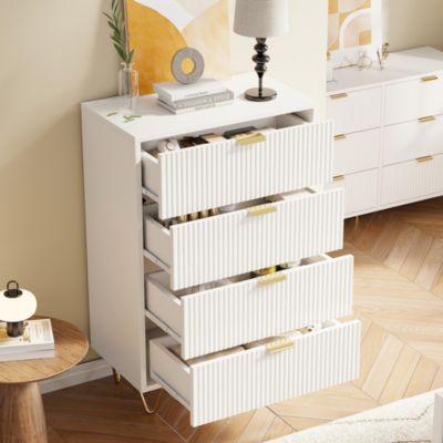 Commode 60cm avec 4 Tiroirs en Tissu, Commode chambre avec Poignées en Métal, pieds dorés, Scandinave - Blanc