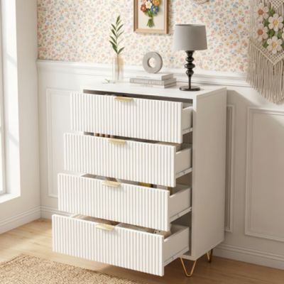 Commode 60cm avec 4 Tiroirs en Tissu, Commode chambre avec Poignées en Métal, pieds dorés, Scandinave, Blanc