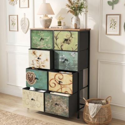 Commode 67 cm avec 8 tiroirs de rangement et poignées noires, motif Vintage, cadre en métal noir, adaptée au salon, Vert