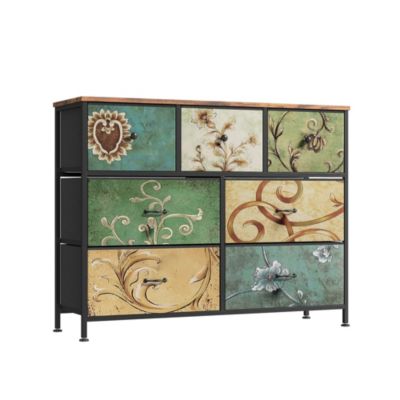 Commode à 7 Tiroirs, Coiffeuse Bohème Avec Plateau En Bois, Tiroirs En Tissu, Structure En Métal