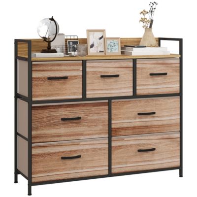 Commode 7 tiroirs non tissés pliables - structure acier noir - plateau MDF - aspect bois