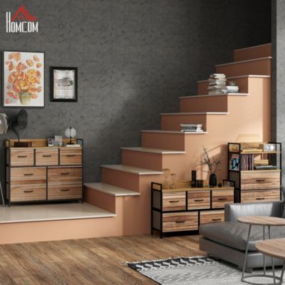 Commode 7 tiroirs non tissés pliables - structure acier noir - plateau MDF - aspect bois