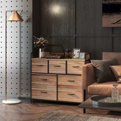 Commode 7 tiroirs non tissés pliables - structure acier noir - plateau MDF - aspect bois