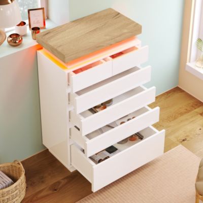 Commode 73 cm blanche brillante avec 6 tiroirs et éclairage LED