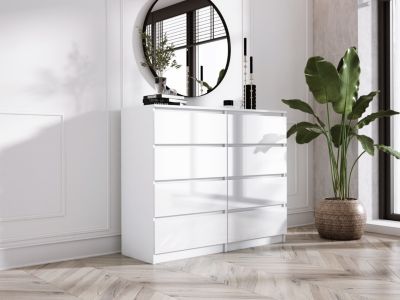 Commode 8 Tiroirs, Blanc Mat / Blanc Brillant, 140 X 101 X 39 Cm