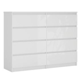 Commode 8 Tiroirs, Blanc Mat / Blanc Brillant, 140 X 101 X 39 Cm