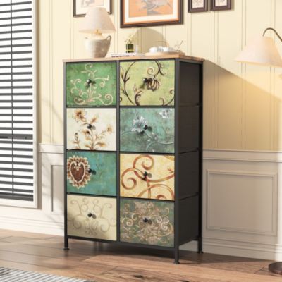 Commode à 8 tiroirs, coiffeuse bohème avec plateau en bois, tiroirs en tissu, structure en métal, pour salon, chambre, couloir