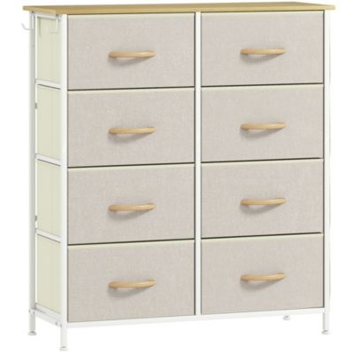 Commode 8 tiroirs en tissu beige 4 poches 2 crochets acier blanc effet bois