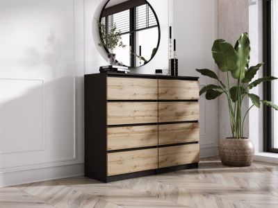 Commode 8 Tiroirs, Noir / Chêne Wotan, 120 X 101 X 39 Cm