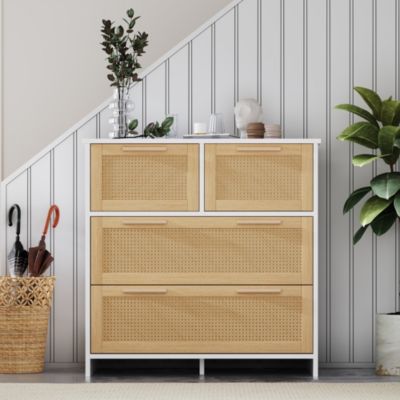Commode 80 cm en MDF blanc et décor rotin avec 4 tiroirs