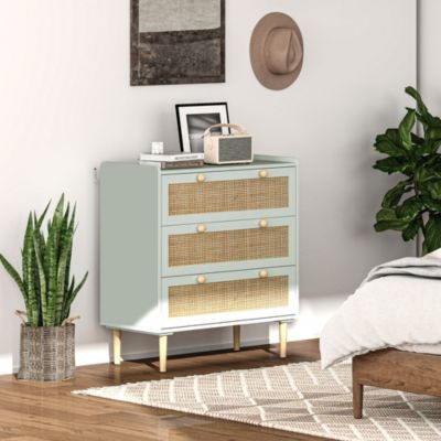 Commode 80 cm en panneaux de fibres bleu clair avec 3 tiroirs effet rotin