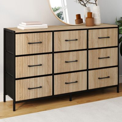 Commode 9 tiroirs en tissu UTAH 115 CM effet lattes meuble de rangement design industriel