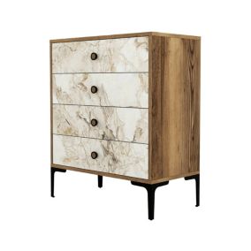 Commode Aether, Commode polyvalente, Commode de chambre, Meuble avec tiroirs, 76x40h91 cm, Noyer et Marbre Blanc