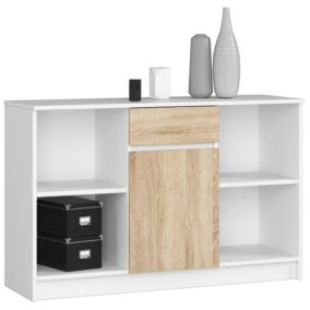 Commode AKORD B17 Blanche 120 cm 1 porte 1 tiroir façade Chêne Sonoma 6 étagères 120x40x77 cm
