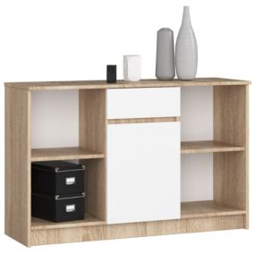 Commode AKORD B17 Chêne Sonoma 120 cm 1 porte 1 tiroir façade Blanche 6 étagères 120x40x77 cm