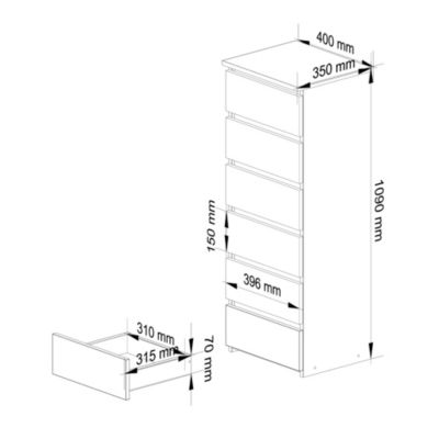 Commode AKORD CL6 Blanche 40 cm 6 tiroirs façade Blanche 40x35x109 cm