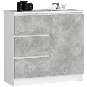 Commode AKORD JERRY Blanche 80 cm 1 porte 3 tiroirs façade Béton 2 étagères 80x35x77 cm