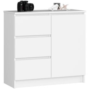 Commode AKORD JERRY Blanche 80 cm 1 porte 3 tiroirs façade Blanche 2 étagères 80x35x77 cm