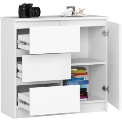 Commode AKORD JERRY Blanche 80 cm 1 porte 3 tiroirs façade Blanche 2 étagères 80x35x77 cm