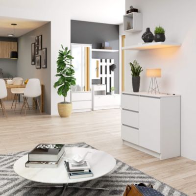 Commode AKORD JERRY Blanche 80 cm 1 porte 3 tiroirs façade Blanche 2 étagères 80x35x77 cm