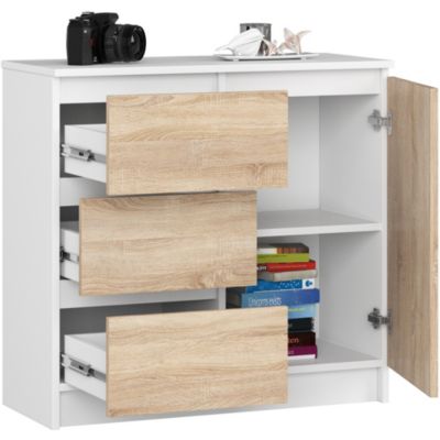 Commode AKORD JERRY Blanche 80 cm 1 porte 3 tiroirs façade Chêne Sonoma 2 étagères 80x35x77 cm