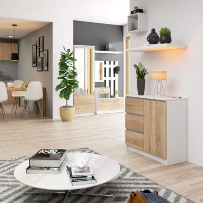Commode AKORD JERRY Blanche 80 cm 1 porte 3 tiroirs façade Chêne Sonoma 2 étagères 80x35x77 cm