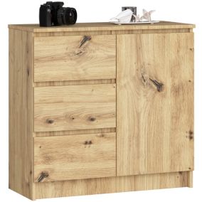 Commode AKORD JERRY Chêne Artisan 80 cm 1 porte 3 tiroirs façade Chêne Artisan 2 étagères 80x35x77 cm