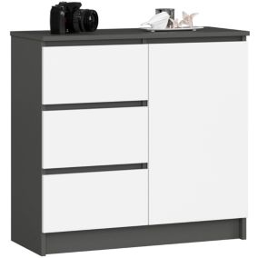 Commode AKORD JERRY Gris Graphite 80 cm 1 porte 3 tiroirs façade Blanche 2 étagères 80x35x77 cm