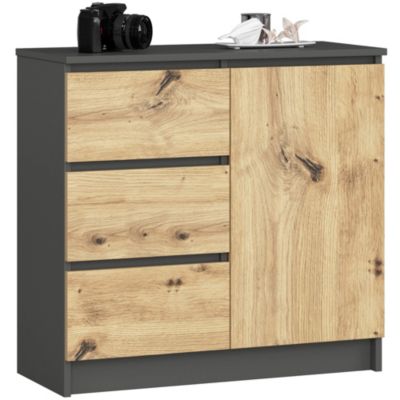 Commode AKORD JERRY Gris Graphite 80 cm 1 porte 3 tiroirs façade Chêne Artisan 2 étagères 80x35x77 cm