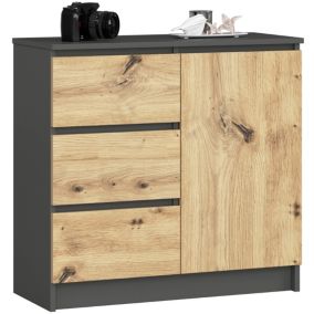 Commode AKORD JERRY Gris Graphite 80 cm 1 porte 3 tiroirs façade Chêne Artisan 2 étagères 80x35x77 cm