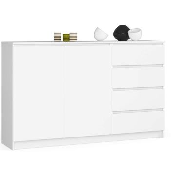 Commode AKORD K013 Blanche 160 cm 2 portes 4 tiroirs façade Blanche 2 étagères 160x40x99 cm