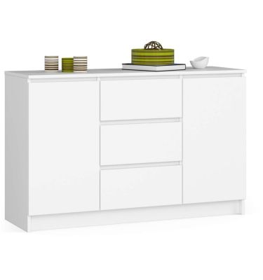 Commode AKORD K016 Blanche 120 cm 2 portes 3 tiroirs façade Blanche 4 étagères 120x40x77 cm