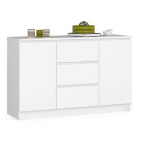 Commode AKORD K016 Blanche 120 cm 2 portes 3 tiroirs façade Blanche 4 étagères 120x40x77 cm