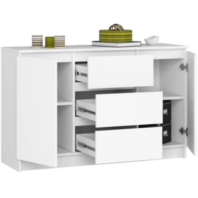 Commode AKORD K016 Blanche 120 cm 2 portes 3 tiroirs façade Blanche 4 étagères 120x40x77 cm