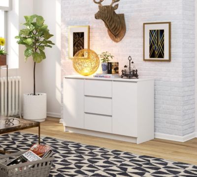 Commode AKORD K016 Blanche 120 cm 2 portes 3 tiroirs façade Blanche 4 étagères 120x40x77 cm