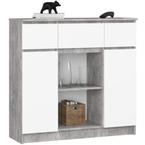 Commode AKORD K100 Béton 101 cm 2 portes 3 tiroirs façade Blanche 6 étagères 101x35x98 cm