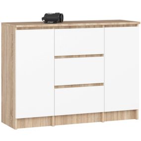 Commode AKORD K100 Chêne Sonoma 101 cm 2 portes 3 tiroirs façade Blanche 4 étagères 101x35x76 cm