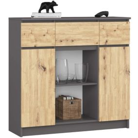 Commode AKORD K100 Gris Graphite 101 cm 2 portes 3 tiroirs façade Chêne Artisan 6 étagères 101x35x98 cm