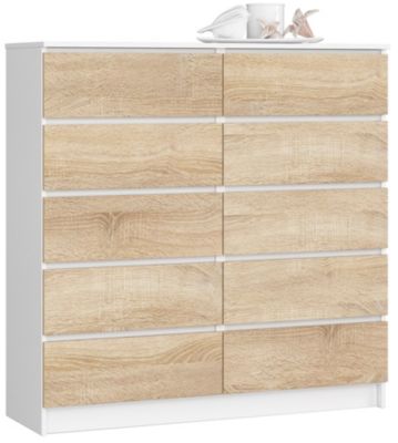 Commode AKORD K120 Blanche 120 cm 10 tiroirs façade Chêne Sonoma 120x40x121 cm