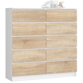 Commode AKORD K120 Blanche 120 cm 10 tiroirs façade Chêne Sonoma 120x40x121 cm