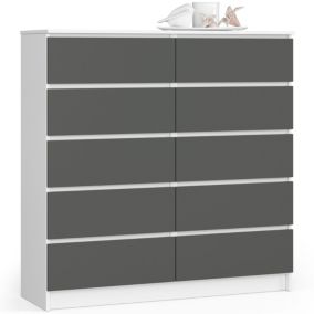 Commode AKORD K120 Blanche 120 cm 10 tiroirs façade Gris Graphite 120x40x121 cm