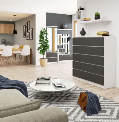 Commode AKORD K120 Blanche 120 cm 10 tiroirs façade Gris Graphite 120x40x121 cm