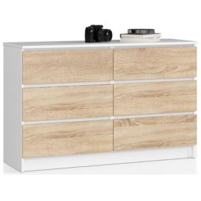 Commode AKORD K120 Blanche 120 cm 6 tiroirs façade Chêne Sonoma 120x40x77 cm