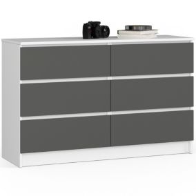 Commode AKORD K120 Blanche 120 cm 6 tiroirs façade Gris Graphite 120x40x77 cm