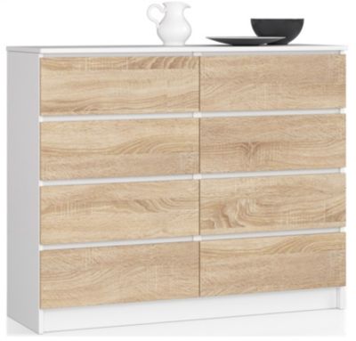 Commode AKORD K120 Blanche 120 cm 8 tiroirs façade Chêne Sonoma 120x40x99 cm