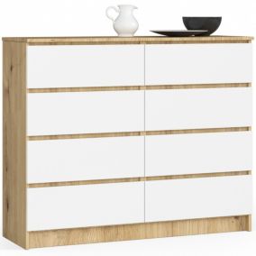 Commode AKORD K120 Chêne Artisan 120 cm 8 tiroirs façade Blanche 120x40x99 cm