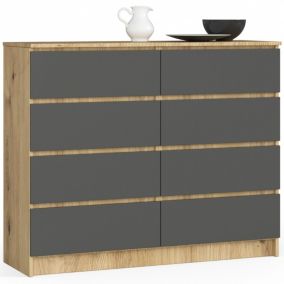 Commode AKORD K120 Chêne Artisan 120 cm 8 tiroirs façade Gris Graphite 120x40x99 cm