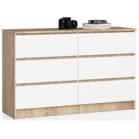 Commode AKORD K120 Chêne Sonoma 120 cm 6 tiroirs façade Blanche 120x40x77 cm