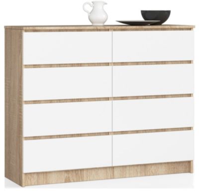 Commode AKORD K120 Chêne Sonoma 120 cm 8 tiroirs façade Blanche 120x40x99 cm